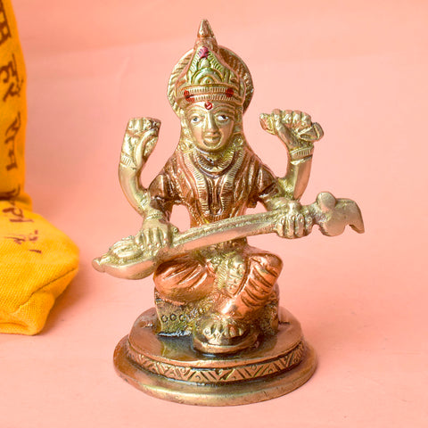 3.7 Inch Elegant Goddess Saraswati Brass Statue β Symbol of Wisdom and Arts for Home Temple & Study Area DΓ©cor. No.1 Brass Idol Store www.satvikstore.in