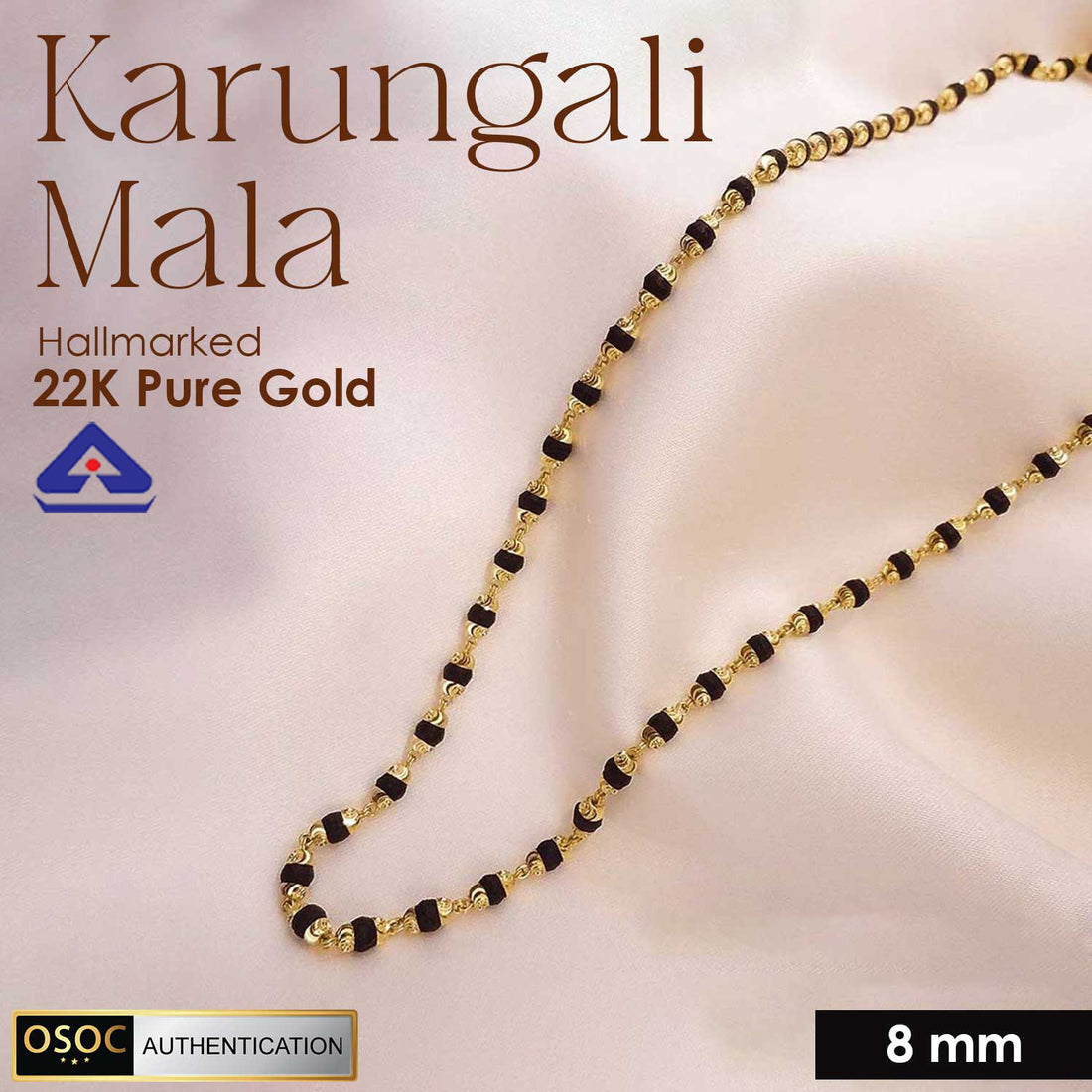 Hallmarked 22K pure gold government-certified Karungali mala with black ebony beads, crafted for premium spiritual wear, protection, and energy balance.India’s Premium Jap Mala Store - www.satvikstore.in
