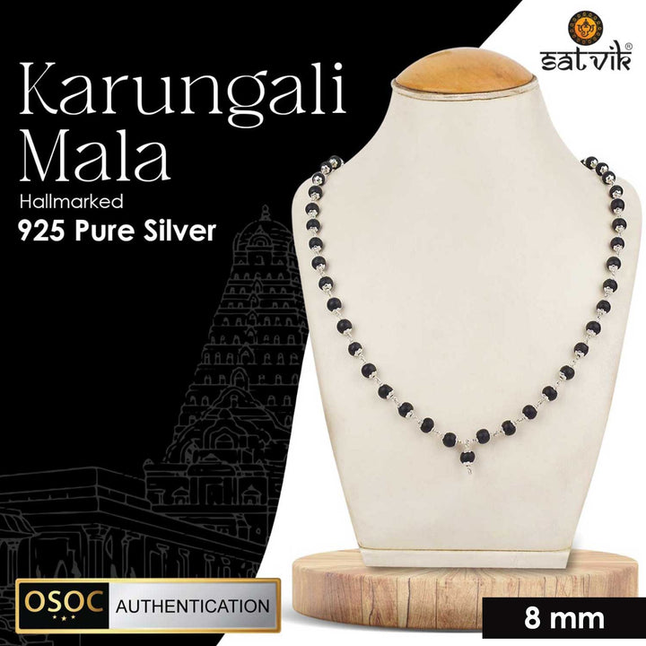 Hallmarked 925 pure silver government-certified Karungali mala, designed for spiritual protection, healing, and meditation. India’s Premium Jap Mala Store - www.satvikstore.in