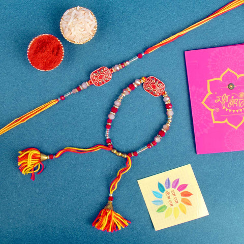 Designer Couple Rakhi Set for Bhaiya and Bhabhi with Roli Chawal and Ram Sita Stickers β Raksha Bandhan Gift Combo. Indiaβs Largest Brass Idols Brand - www.satvikstore.in