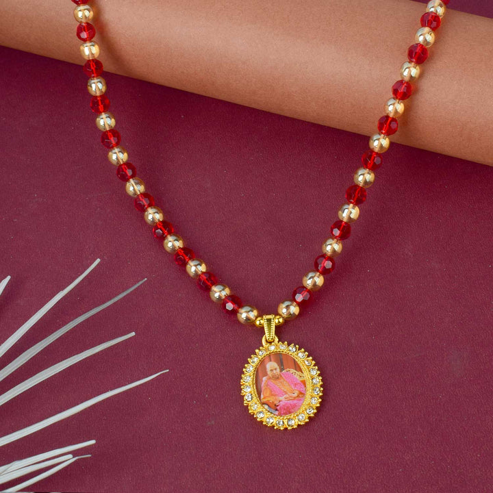 Jai Guruji Swaroop Mala with golden and assorted colored beads (brown, red, pink, green, orange), perfect for pooja, meditation, and gifting. Indiaβs Largest Pooja Accessories Brand β www.satvikstore.in