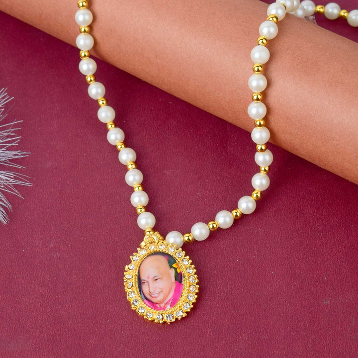 Jai Guruji Swaroop Mala with white and golden beads, perfect for pooja, gifting, and spiritual elegance. Indiaβs Largest Pooja Accessories Brand β www.satvikstore.in