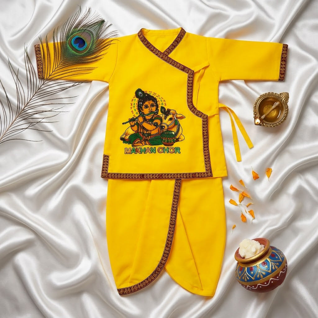 Size 3 Makhan Chor Yellow Krishna Dress with Pink Border