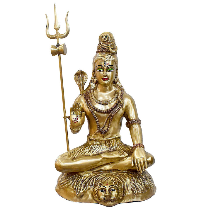Handcrafted large brass statue of Lord Shiva seated on a tiger skin, holding a Trishul and a snake, glossy finish, weight 36150 grams, height 80 cm (approximately 31.5 inches), length 53 cm (approximately 20.87 inches). Best for VIP Gift, best for a big premium gift, and best for your temple. India's Largest Puja Accessories Brand - Satvik No. 1 Brass Idol Collection