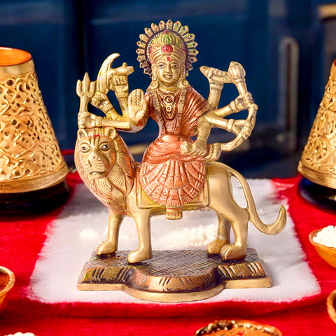 3.4 Inch Majestic Brass Sherawali Mata Idol β Finely Detailed Durga Statue for Puja Room, Home Temple, and Festive Decor. No.1 Brass Idol Store www.satvikstore.in