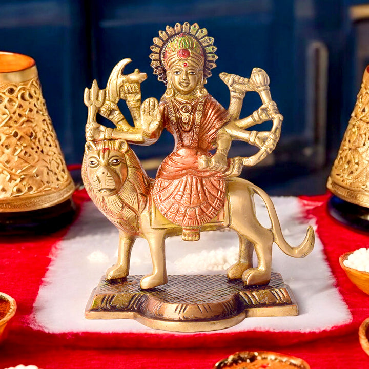 3.4 Inch Majestic Brass Sherawali Mata Idol β Finely Detailed Durga Statue for Puja Room, Home Temple, and Festive Decor. No.1 Brass Idol Store www.satvikstore.in