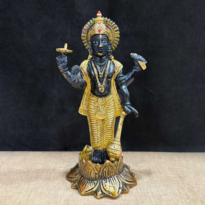 7 Inch Majestic Lord Vishnu Ji Statue, beautifully crafted in brass, representing divine protection, blessings, and serenity—perfect for home temples and spiritual decor. No.1 Brass Idol Store www.satvikstore.in