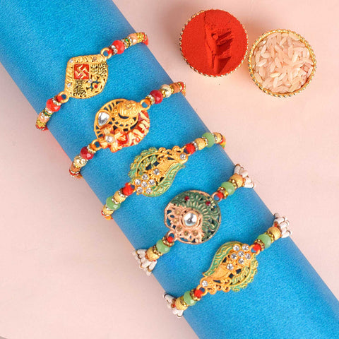 Set of 5 Designer Rakhi Threads with Roli Chawal and Ram Sita Stickers for Raksha Bandhan Celebration. Indiaβs Largest Pooja Accessories Brand - www.satvikstore.in