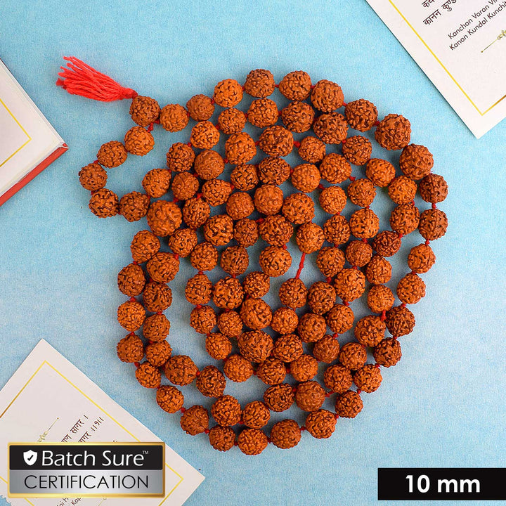 Panchmukhi Rudraksh Jaap Mala with 10mm beads, made from sacred Rudraksha seeds. The mala is used for mantra chanting, meditation, and spiritual practices, offering protection, healing, and divine blessings. India’s Premium Jap Mala Store- www.satvikstore.in