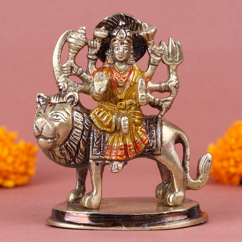 4.9 Inch Fascinating Brass Sherawali Mata Idol seated on lion, intricately handcrafted with rich details and divine aura β perfect for temple worship, Navratri puja, and spiritual home dΓ©cor No.1 Brass Idol Store www.satvikstore.in