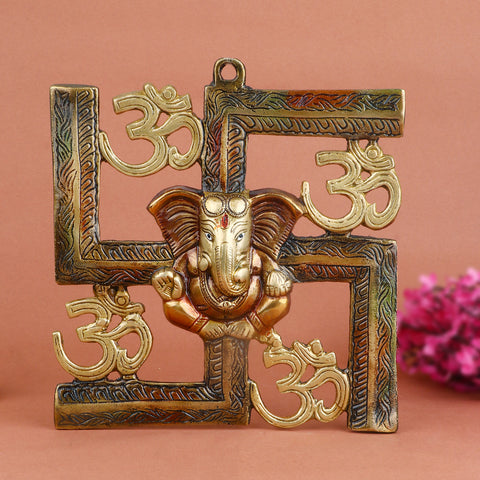 7.6 Inch Alluring Pure Brass Om Swastik Ganesh Wall Hanging β Sacred Decorative Piece for Home Entrance, Vastu, and Spiritual Wall Decor. No.1 Brass Idol Store www.satvikstore.in