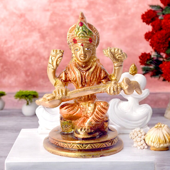 3.7 Inch Exquisite Handcrafted Brass Saraswati Idol β Perfect for Home Temple, Study Space, and Spiritual Gifting. No.1 Brass Idol Store www.satvikstore.in
