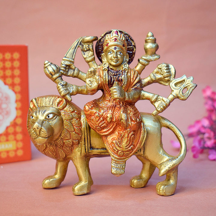 4.6 Inch Divine Elegance Sherawali Mata Murti in brass, intricately designed with lion mount and traditional detailing – perfect for Navratri worship, home temple, and spiritual gifting. No.1 Brass Idol Store www.satvikstore.in
