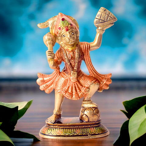 5.5 Inch Radiant Colored Brass Sanjivani Hanuman Idol, beautifully crafted with vibrant colors, symbolizing strength, devotion, and healing β perfect for spiritual worship, home temple, and devotional gifting. No.1 Brass Idol Store www.satvikstore.in