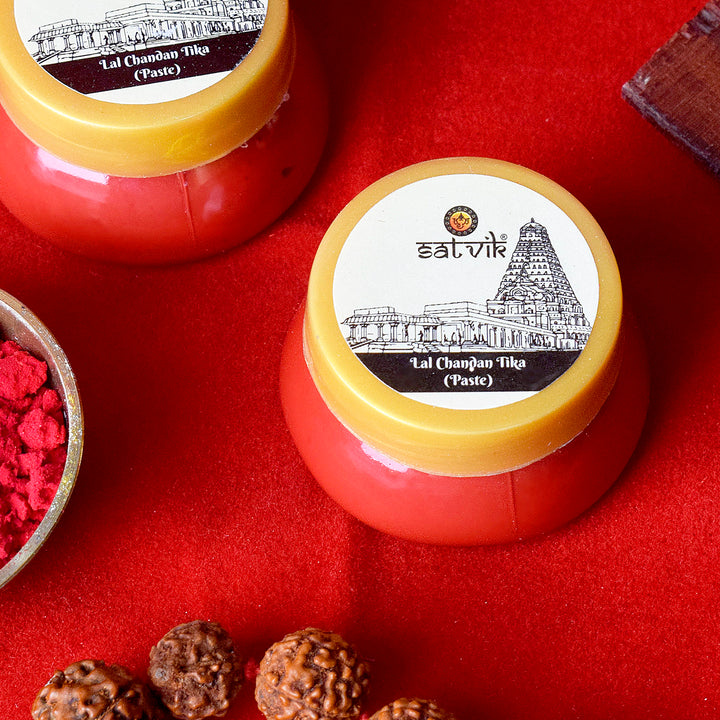 Red Chandan Tikka Paste (Lal Tilak) is a sacred and vibrant paste used for spiritual rituals, poojas, and blessings, symbolizing purity and divine protection during religious ceremonies β Indiaβs Largest Pooja Accessories Brand β www.satvikstore.in
