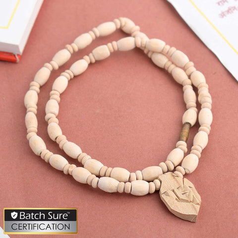 Original Tulsi mala with round beads, featuring a Radha pendant, ideal for devotional wear and spiritual practices. Indiaβs Premium Jap Mala Store - www.satvikstore.in