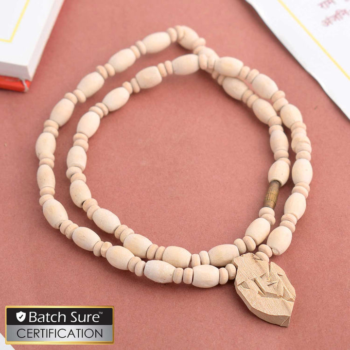 Original Tulsi mala with round beads, featuring a Radha pendant, ideal for devotional wear and spiritual practices. India’s Premium Jap Mala Store - www.satvikstore.in