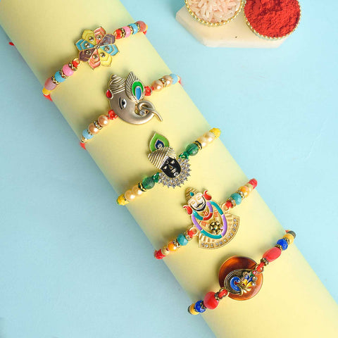 Set of 5 Designer Rakhi Threads with Roli Chawal and Ram Sita Stickers for Raksha Bandhan Celebration. Indiaβs Largest Pooja Accessories Brand - www.satvikstore.in