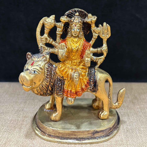 4.1 Inch Stunning Sherawali Mata Idol in brass, finely detailed with lion mount and divine posture, symbolizing strength and protection β perfect for Navratri worship and home. No.1 Brass Idol Store www.satvikstore.in