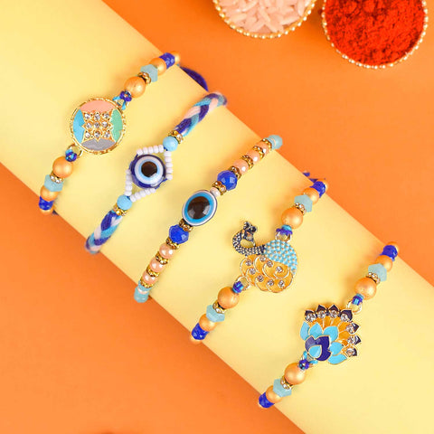 Set of 5 Designer Rakhi Threads with Roli Chawal and Ram Sita Stickers for Raksha Bandhan Celebration. Indiaβs Largest Pooja Accessories Brand - www.satvikstore.in