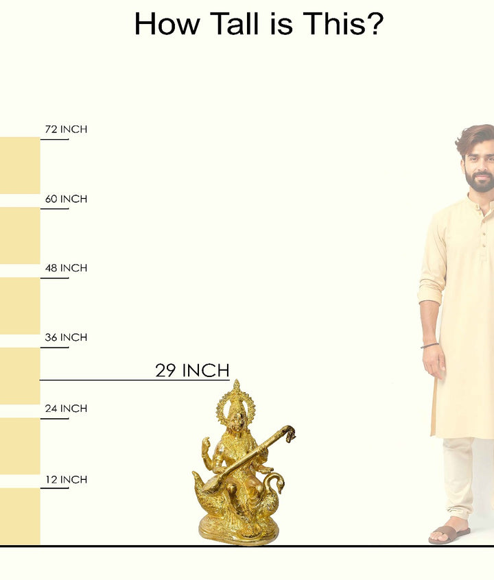 Handcrafted Brass Saraswati Idol for Home & Temple | Best for VIP Gift & Big Premium Gift | Large Goddess Saraswati Statue with Glossy Finish | 75 cm Height, 27.2 kg Weight | Best for Your Temple & Puja Decor | Premium Quality Brass Murti | India's Large Puja Accessories Brand - Satvikstore.in