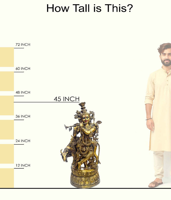 Handcrafted large brass statue of Lord Krishna playing the flute, standing with a cow, glossy finish, weight 70000 grams (70 kg), height 115 cm (approximately 45.28 inches), length 60 cm (approximately 23.62 inches). Best for VIP Gift, best for big premium gift, best for your temple. India's Large Puja Accessories Brand - Satvikstore.in