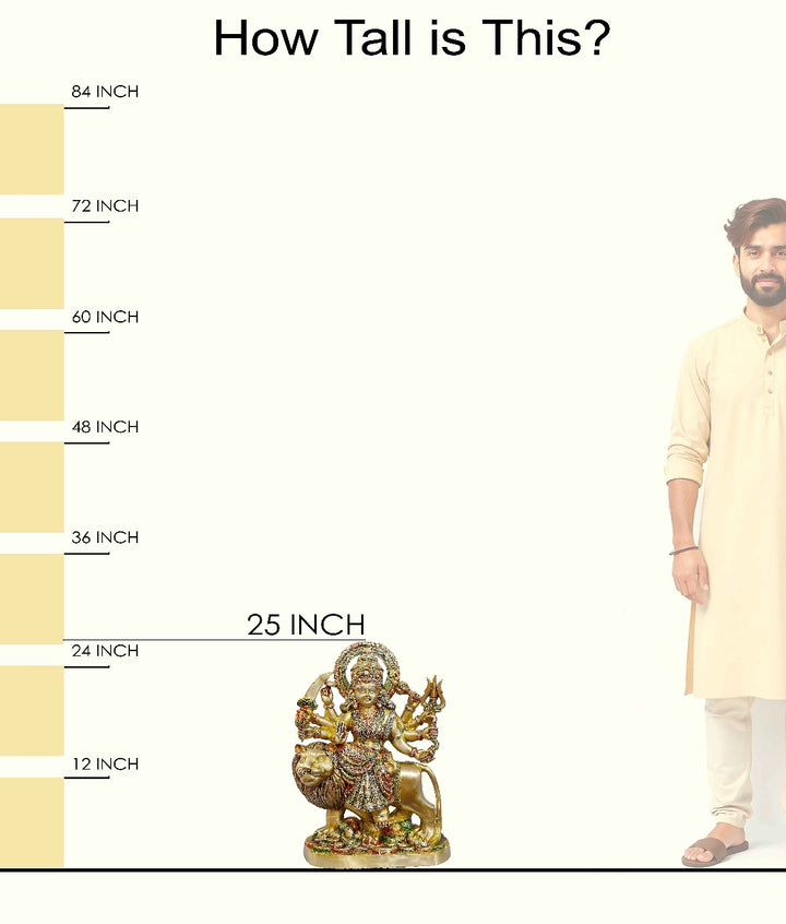 Handcrafted brass statue of Mata Rani (Goddess Durga) seated on her lion vahana, holding multiple weapons including a sword and trident, glossy finish, weight 31750 grams, height 64 cm (approximately 25.2 inches), length 45 cm (approximately 17.72 inches). Best for VIP Gift, best for big premium gift, best for your temple. India's Large Puja Accessories Brand - Satvikstore.in