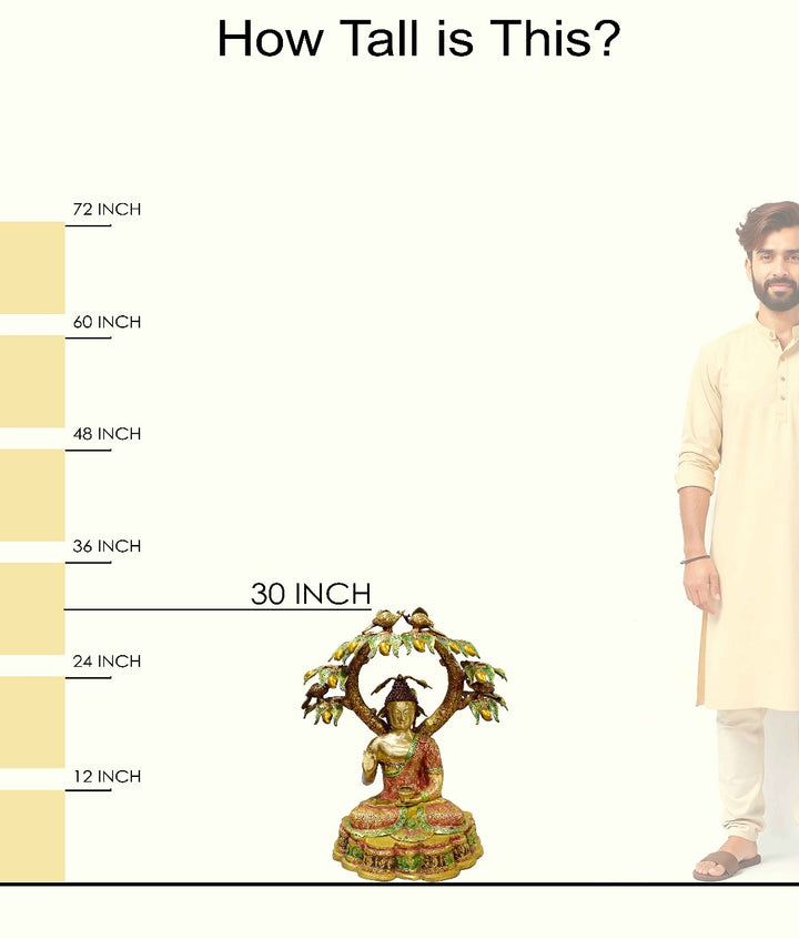 Handcrafted large brass statue of Buddha seated in meditation under a Mango tree with birds, glossy finish, weight 50000 grams (50 kg), height 77 cm (approximately 30.31 inches), length 73 cm (approximately 28.74 inches). Best for VIP Gift, best for big premium gift, best for your meditation space, symbol of peace and enlightenment. India's Large Puja Accessories Brand - Satvikstore.in