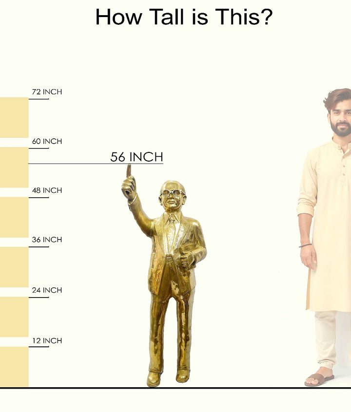 A handcrafted large brass statue of Dr. Bheemrao Ambedkar standing with a book and pointing upwards, wearing glasses and a suit, glossy finish, weight 71100 grams, height 146 cm, length 43 cm. Best for VIP Gift, best for big premium gift, best for your office, best for educational institutions, symbol of social justice. India's Largest Puja Accessories Brand - Satvik No. 1 Brass Idol Collection