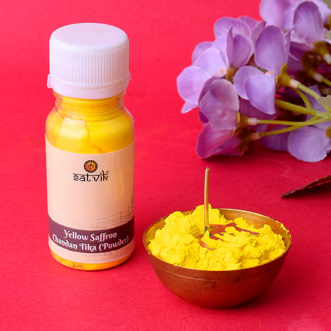 Yellow Saffron Chandan Tika Powder, made from premium saffron chandan, is applied during religious ceremonies and poojas to invoke blessings, purity, and spiritual protection – India’s Largest Pooja Accessories Brand – www.satvikstore.in