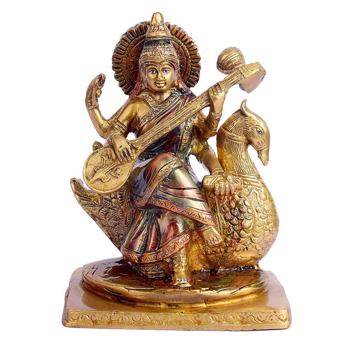 7.3 Inch Goddess Saraswati Mata Brass Idol Brass Statue featuring intricate detailing, perfect for spiritual home decor, temple worship, and devotional gifting. India’s Largest Brass Idols Brand - www.satvikstore.in