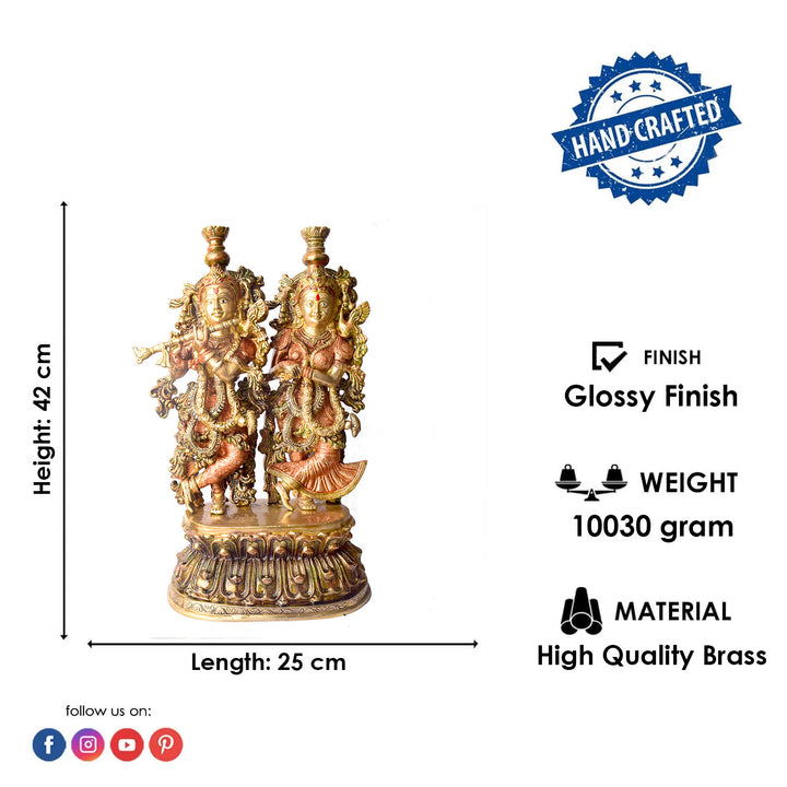 This Stunning Radha Krishna Brass Idol beautifully captures the divine love and grace of Radha and Krishna. Crafted from high-quality brass with intricate detailing, it exudes elegance and spiritual charm.