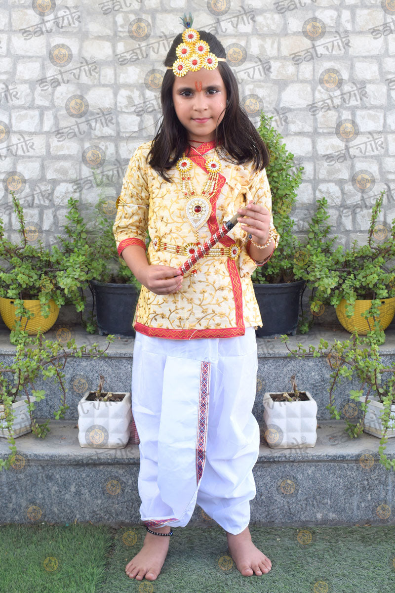 Krishna costume for kids with cream cotton kurta and white dhoti โ Indiaโs Largest Pooja Accessories Brand โ www.satvikworld.com