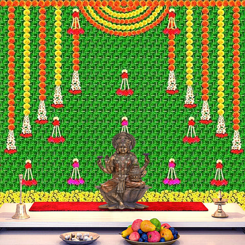 Decorative backdrop cloth printed with a vibrant banana leaf design, ideal for pooja, mandir, and festive decoration setups. India’s Largest Pooja Accessories Brand – www.satvikstore.in