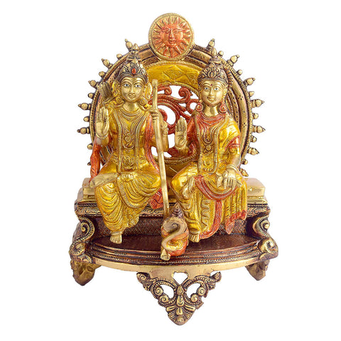 13 Inch Ram Sita Brass Idol Seated on Throne Brass Statue featuring intricate detailing, perfect for spiritual home decor, temple worship, and devotional gifting. India’s Largest Brass Idols Brand - www.satvikstore.in
