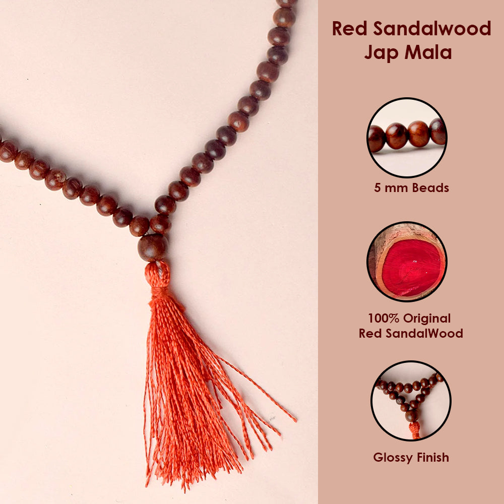 Certified 5mm 100% Original Authentic Pure Red Sandalwood Jap Mala (Andhra Pradesh)