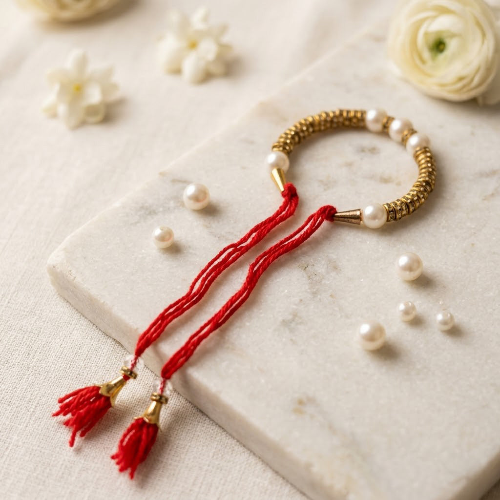 Gold Rhinestone Ring Pearl Lumba Rakhi