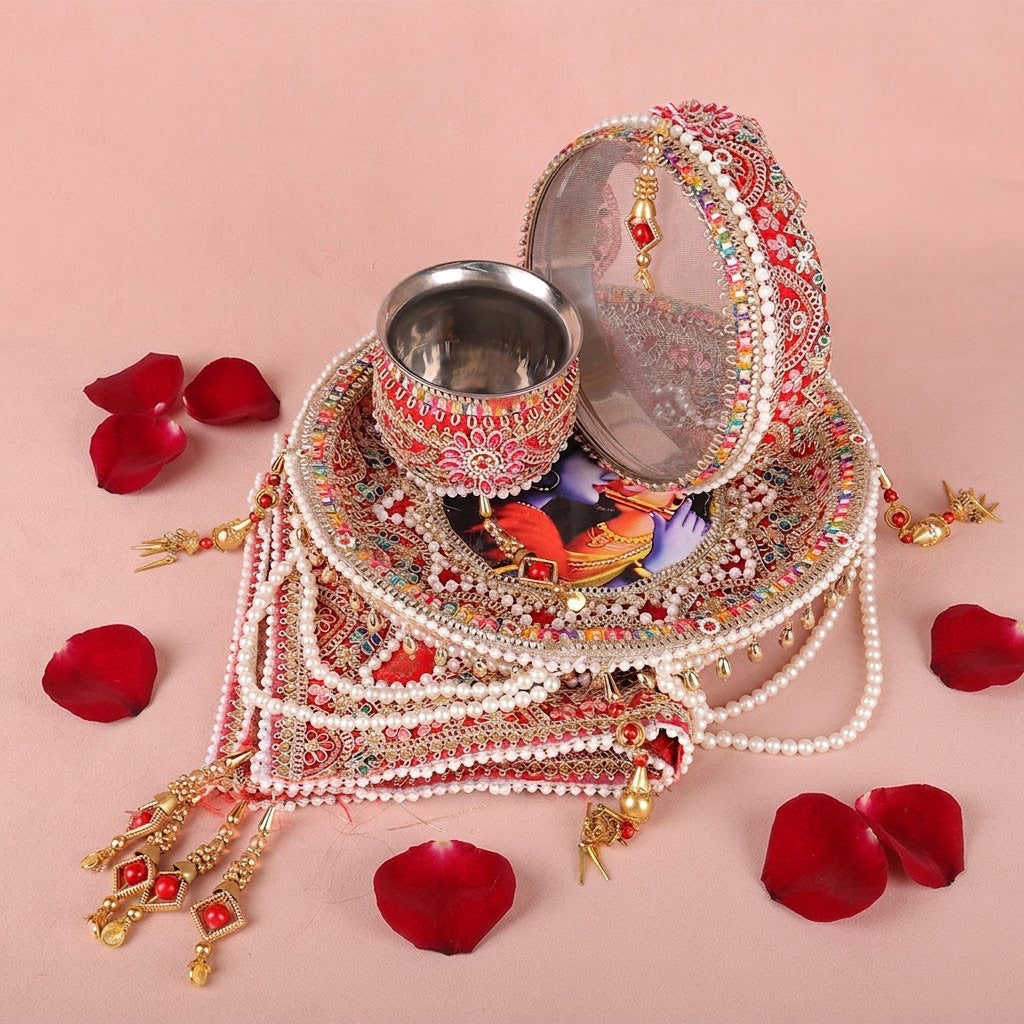 11 Pc Decorative Red Embroidery Karwa Chauth Thali Set