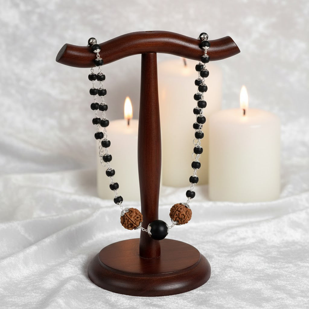Silver Plated Karungali Mala 8mm with Rudraksha Govt Certified