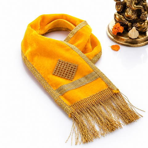 Yellow Velvet Ganpati Idol Patka with Gold Lace - 30 Inch