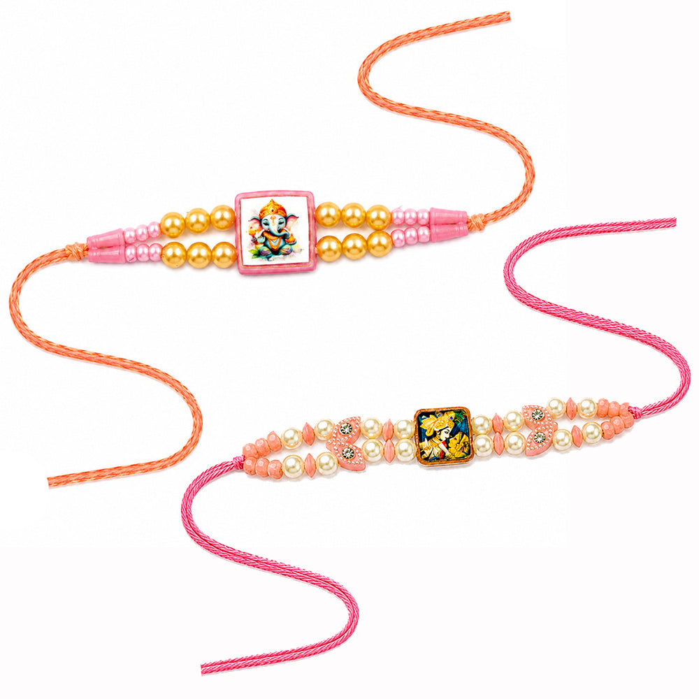 Divine Ganesha and Radha Krishna Pearl Beaded Rakhi (Set of 2)