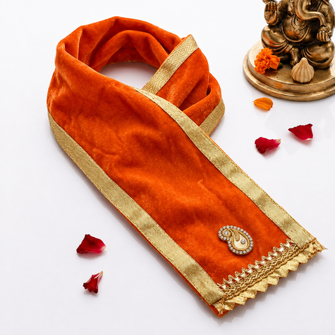 Orange Velvet Ganpati Idol Patka with Gold Border - 22 Inch
