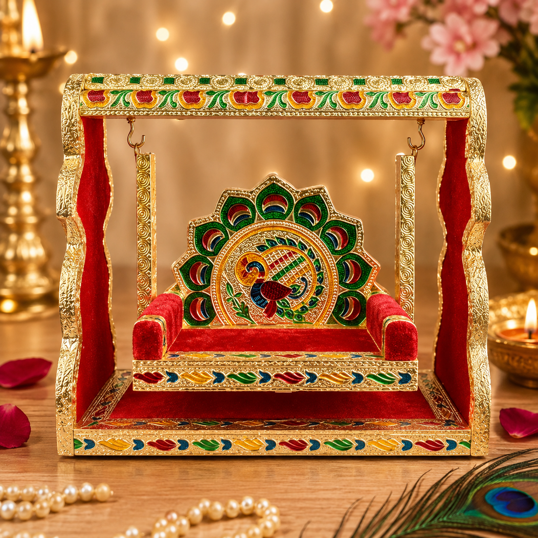 Meenakari Jhula – Singhasan Style Velvet Cradle for Laddu Gopal