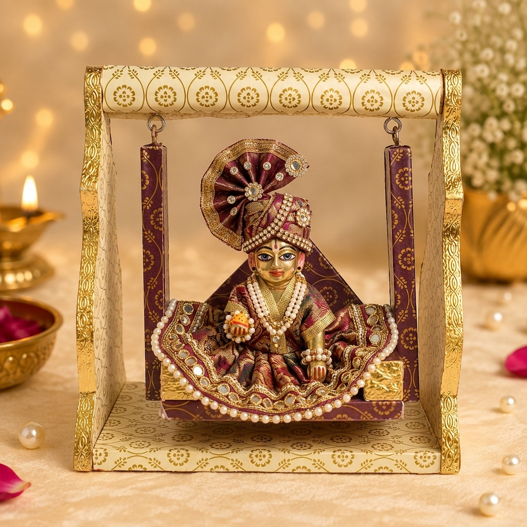 Printed Design Jhula – White & Brown Paper Cradle Swing for Laddu Gopal