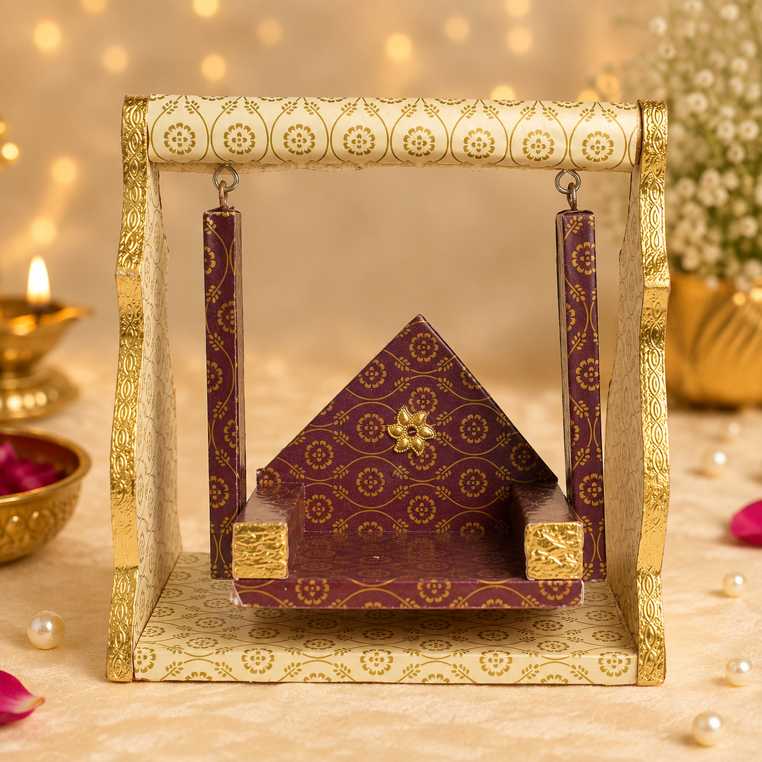 Printed Design Jhula – White & Brown Paper Cradle Swing for Laddu Gopal