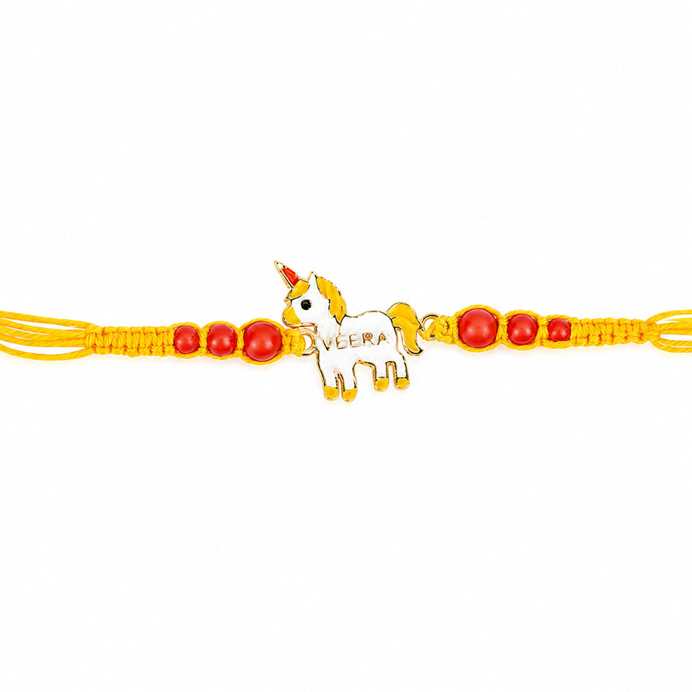Playful White and Gold Unicorn Motif Kids Rakhi