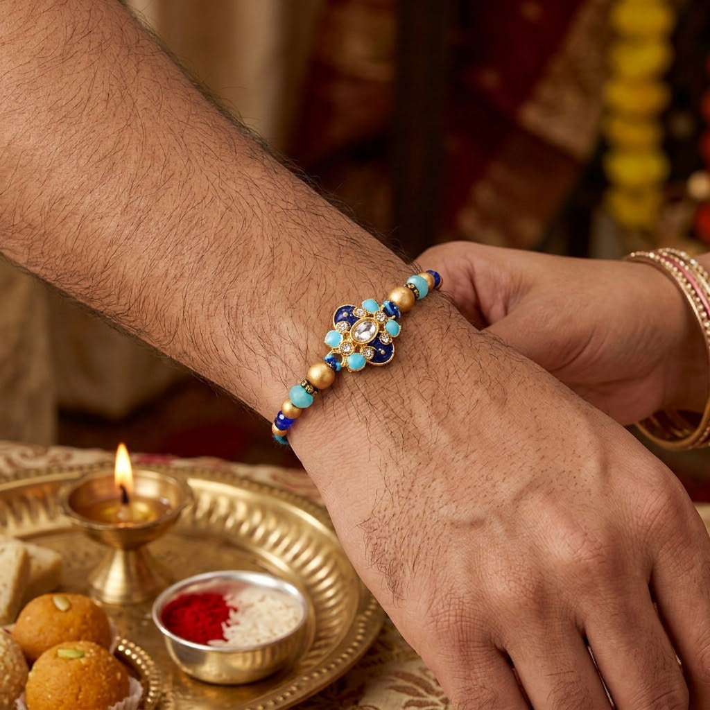 Handcrafted Floral Blue Meenakari and Beaded Rakhi