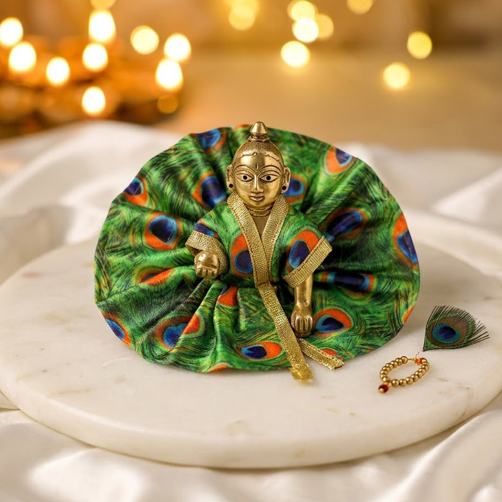 Size No.2 Silky Peacock Printed Laddu Gopal Dress