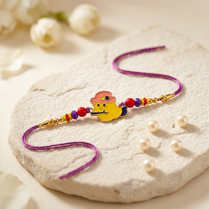 Cute Yellow Bird with Pink Hat Enamel Kids Rakhi