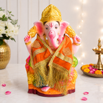 Orange Velvet Ganpati Idol Patka with Gold Lace 14 Inch